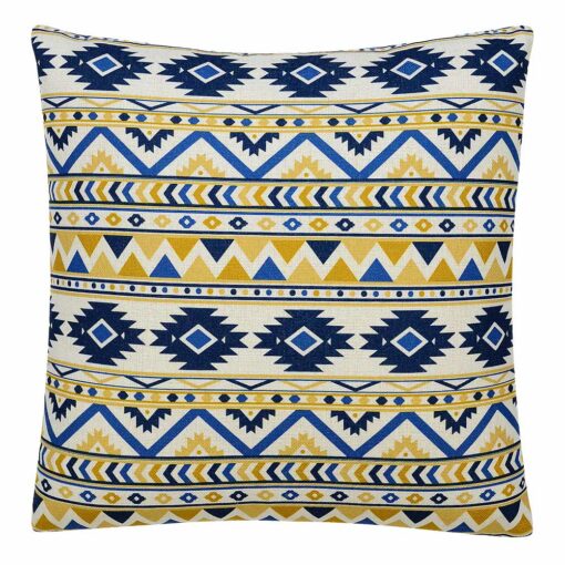 Photo of white, blue and yellow square cushion cover with Meso design