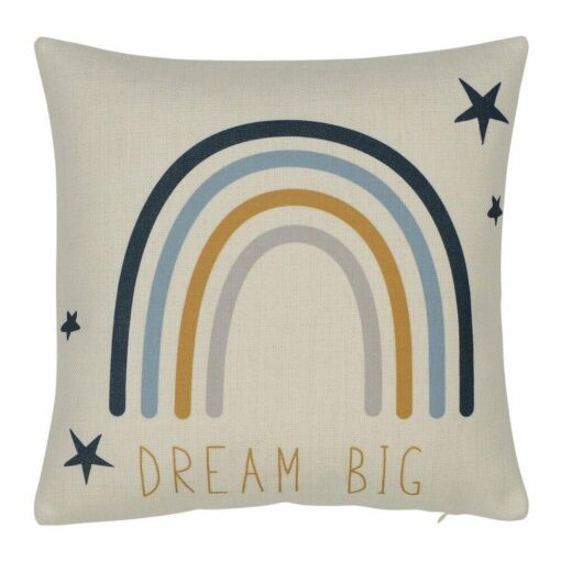 Photo of white cotton linen cushion with blue and yellow rainbow, stars and dream big print