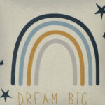Close up of cotton linen blend with blue rainbow and stars