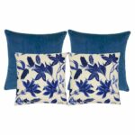 Elegant set of 4 blue square cushions in linen and velvet fabric