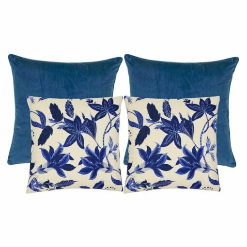 Elegant set of 4 blue square cushions in linen and velvet fabric