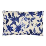 Image of blue and white rectangular cushion with floral print