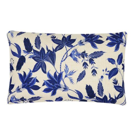 Image of blue and white rectangular cushion with floral print