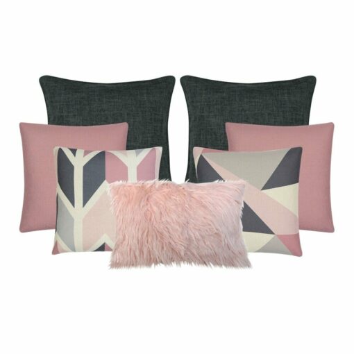 A set of seven cushion covers in charcoal and pink colours with a scandi design feel.