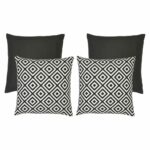 An image of two plain black outdoor cushions and two black geometric design outdoor cushions.