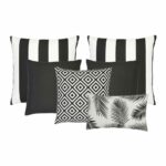 A set of 6 outdoor cushions in black and white colours and striped, plain, geometric and botanical designs.