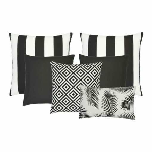 A set of 6 outdoor cushions in black and white colours and striped, plain, geometric and botanical designs.
