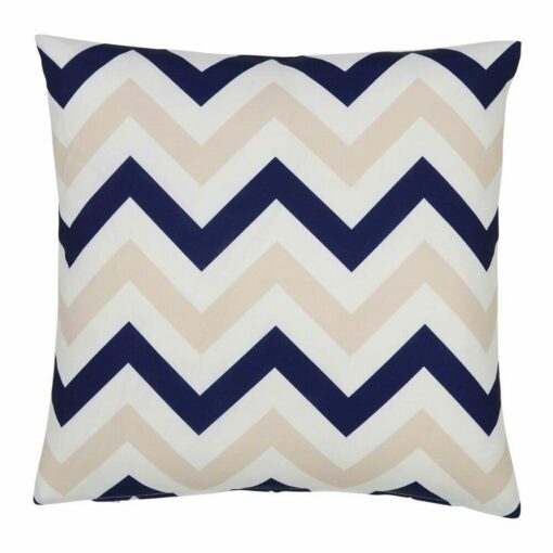 A bold geometric beige and navy print on a water resistant outdoor cushion cover.