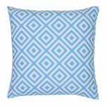 A bold geometric blue print on a water resistant outdoor cushion cover.