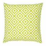 A bold geometric green print on a water resistant outdoor cushion cover.