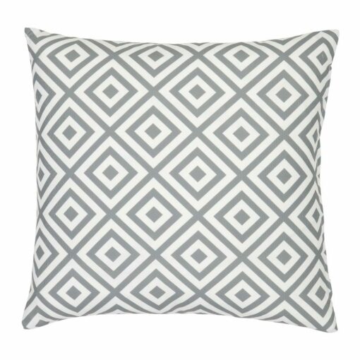 A bold geometric grey print on a water resistant outdoor cushion cover.