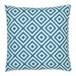A bold geometric teal print on a water resistant outdoor cushion cover.