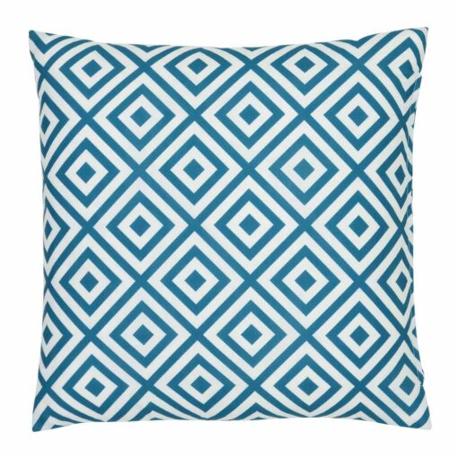 A bold geometric teal print on a water resistant outdoor cushion cover.