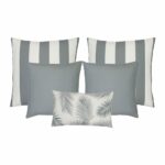 A set of five outdoor cushions in grey colours and striped, plain and botanical designs.