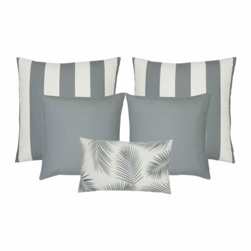A set of five outdoor cushions in grey colours and striped, plain and botanical designs.