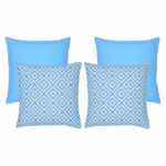 An image of two light blue plain outdoor cushions and two light blue geometric design outdoor cushions.