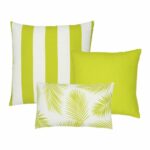 An image of a striped lime green outdoor cushion, a plain lime green outdoor cushion and a single lime green rectangular botanical design outdoor cushion.
