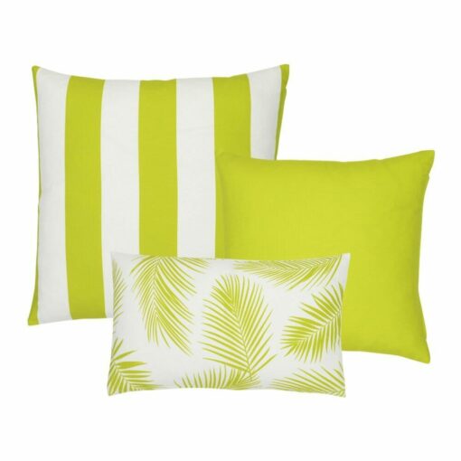 An image of a striped lime green outdoor cushion, a plain lime green outdoor cushion and a single lime green rectangular botanical design outdoor cushion.