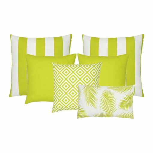 A set of 6 outdoor cushions in lime green colours and striped, plain, geometric and botanical designs.