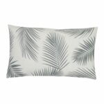 A lovely outdoor cushion with palm tree grey print on a white background.