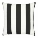 A large outdoor cushion that has a black and white striped pattern and is UV resistant and waterproof.