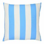 A large outdoor cushion that has a blue striped pattern and is UV resistant and waterproof.