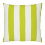 A large outdoor cushion that has a green striped pattern and is UV resistant and waterproof.