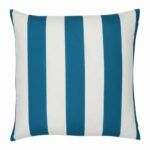 A large outdoor cushion that has a teal striped pattern and is UV resistant and waterproof.