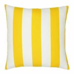 A large outdoor cushion that has a yellow striped pattern and is UV resistant and waterproof.