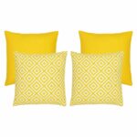 An image of two yellow plain outdoor cushions and two yellow geometric design outdoor cushions.