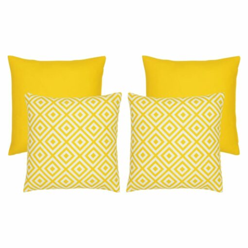 An image of two yellow plain outdoor cushions and two yellow geometric design outdoor cushions.