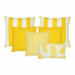 A set of 6 outdoor cushions in yellow colours and striped, plain, geometric and botanical designs.