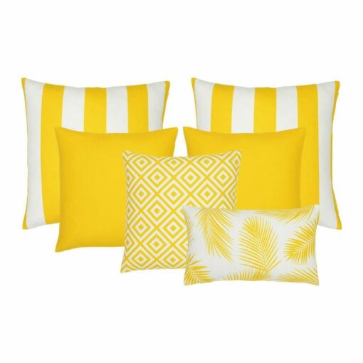 A set of 6 outdoor cushions in yellow colours and striped, plain, geometric and botanical designs.