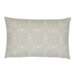 Close up of baby blue rectangular cushion made of cotton linen blend material