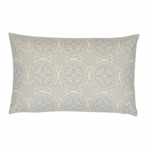 Close up of baby blue rectangular cushion made of cotton linen blend material