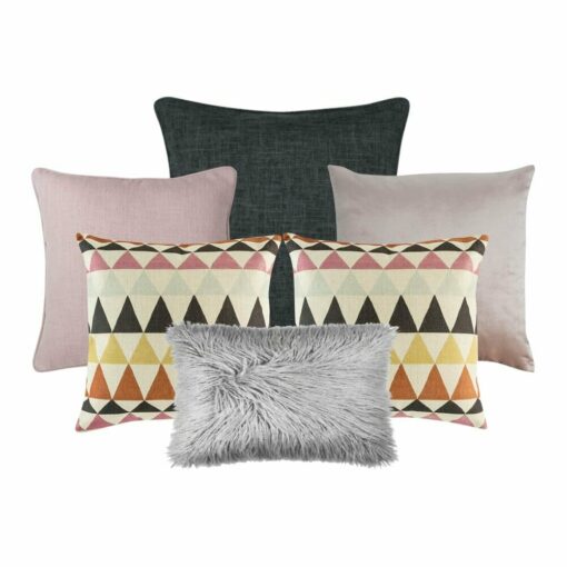 A collection of six cushion covers featuring one charcoal grey cushion, two pink cushions, two patterned cushions and one grey faux fur rectangular cushion cover.