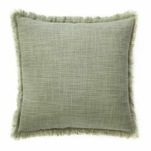 Image of grey green cushion made of sand blasted cotton material