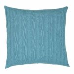 Back view of square, teal cable knit cushion