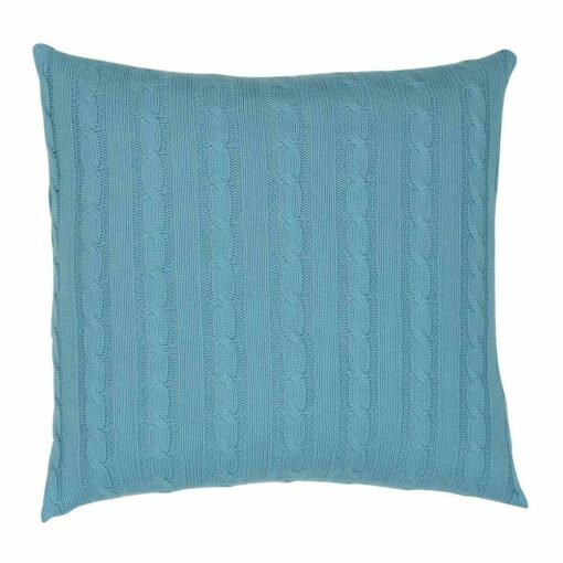 Back view of square, teal cable knit cushion