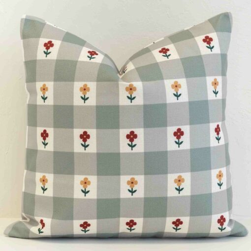 amora-gingham-check-cushion-cover---sc1104-45 Amora gingham check cushion with small flowers on soft green grid pattern.