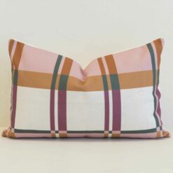 Amora pink plaid rectangular cushion with soft blush, tan and green stripes.