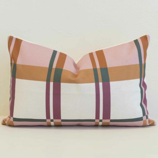 amora-pink-plaid-cushion-cover---rectangle---sc1111-30 Amora pink plaid rectangular cushion with soft blush, tan and green stripes.