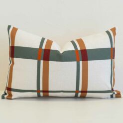 Amora plaid rectangular cushion with cream base and green, tan, and red stripes.