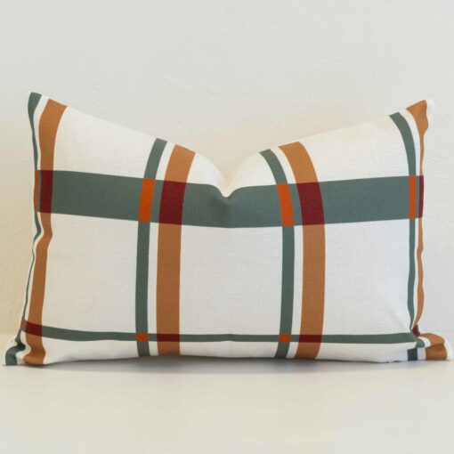 Amora plaid rectangular cushion with cream base and green, tan, and red stripes.
