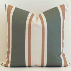 Amora wide stripe cushion with green, tan and cream vertical bands.