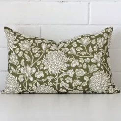 Ava Linen Olive Green Floral Cushion Cover - Rectangle