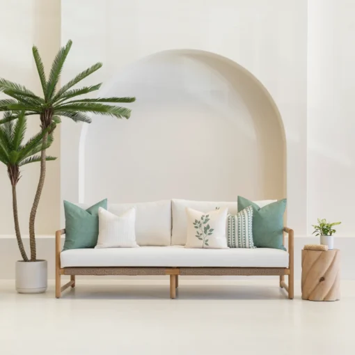 avena-outdoor-sofa-cushions-set---5-covers---colo1223 Outdoor living room showcasing 3 avena outdoor couch cushions on a white couch.