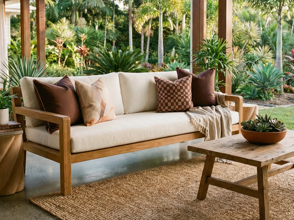 Collection of brown outdoor cushions decorating an outdoor couch on a patio.
