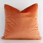 A square solid colour cushion in a delightful burnt orange tone rests against a white wall. The velvet material appears to be of exceptional quality.