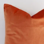 Enlarged shot of a square burnt orange cushion cover that highlights that solid colour motif on its velvet fabric.